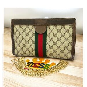 Vintage GUCCI Sherry Line Women’s Clutch Bag Brown,Beige, Green,Red Authentic